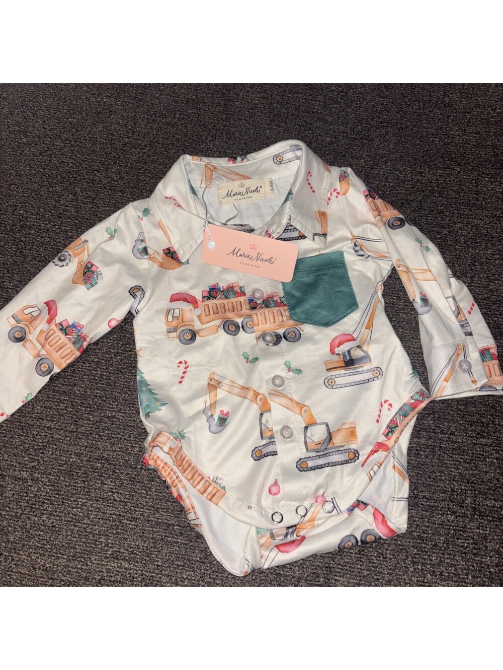 Marie Nicole Size 3-6 mo. Christmas Construction truck collared one piece